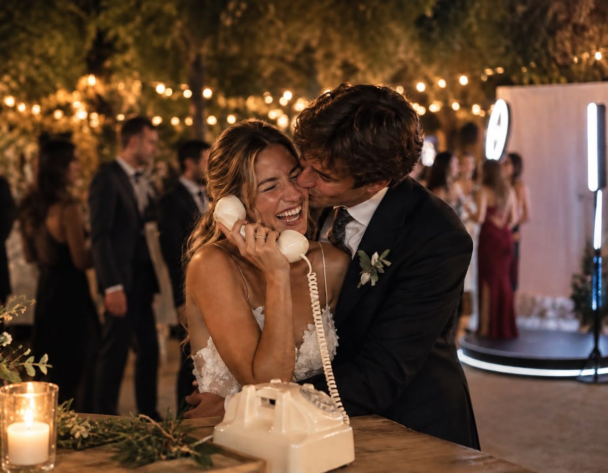 Teléfono retro y fotomatón 360 de AnimaBoda en una boda